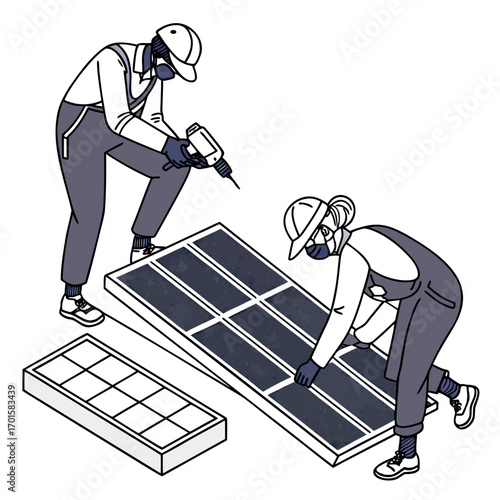 Two workers installing solar panels on a roof with tools
