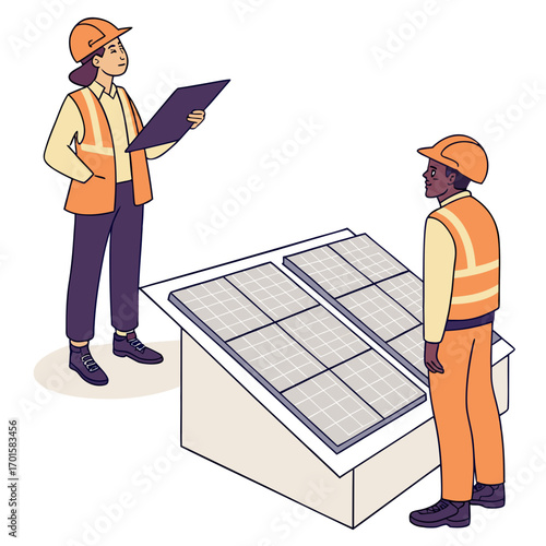 Two construction workers inspecting solar panels on a roof