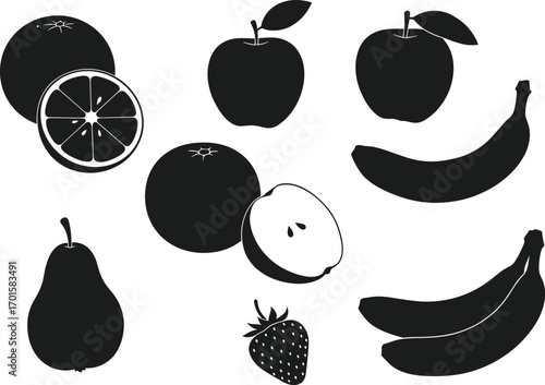 Silhouette vector illustration of various fruits including apples, bananas, oranges, pears, and strawberries, healthy fresh food icons, organic nutrition symbols