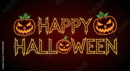 Festive happy halloween neon sign with spooky pumpkins dark, perfect for holiday greetings, invitations, and decorations, creating a fun and eerie atmosphere