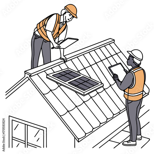 Two workers installing solar panels on a rooftop holding clipboards
