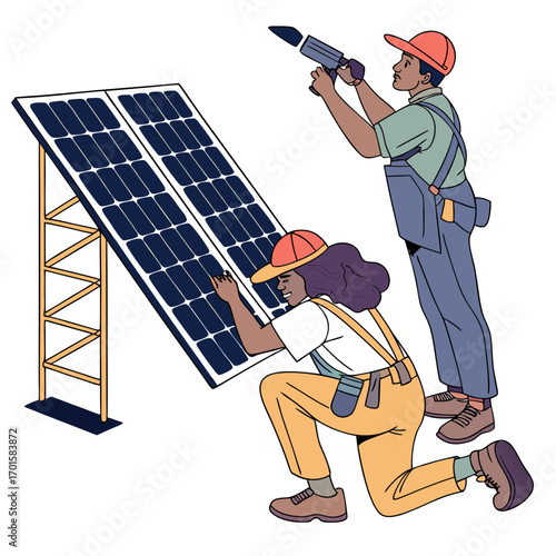 Two diverse workers installing solar panels on a sunny day