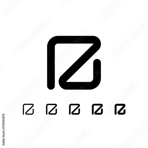 Technical letter B, digital cyber alphabet font, including set of five different thicknesses of the trendy modern letter (light, regular, medium, bold, thick), vector illustration 10EPS