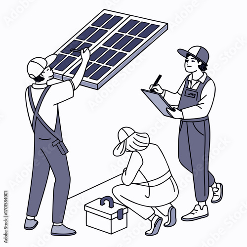 Team of solar panel installers working together on a project