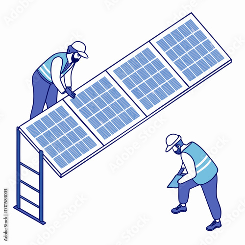 Workers installing solar panels on a roof or structure