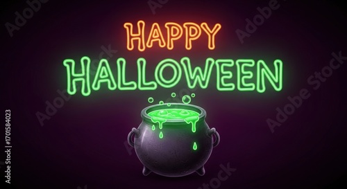 A spooky halloween cauldron with neon sign saying happy halloween a dark, perfect for halloween season, a spooky and fun image for halloween