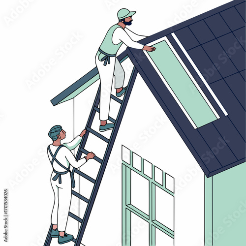 Two construction workers installing a skylight on a house roof