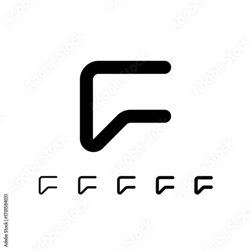 Technical letter F, digital cyber alphabet font, including set of five different thicknesses of the trendy modern letter (light, regular, medium, bold, thick), vector illustration 10EPS