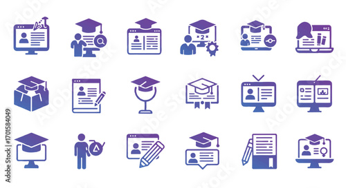 Online education symbols depict learning and graduation on computer screens, representing modern elearning solutions for students seeking knowledge and career advancement.
