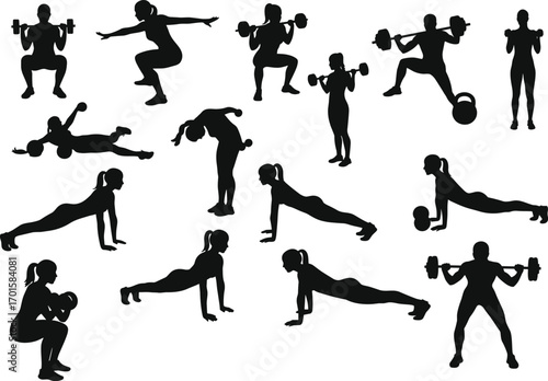 Silhouette vector of women performing various weightlifting, bodyweight exercises, fitness workouts, gym training, strength routines, kettlebell, push-ups, and athletic conditioning in black