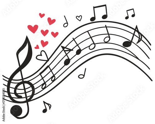 Musical notes and red hearts on a white background with black curved border treble clef