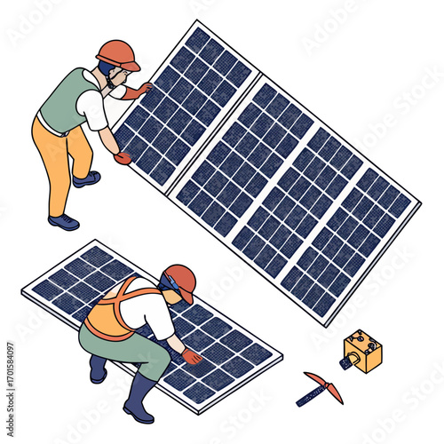 Workers installing solar panels on a white background illustration