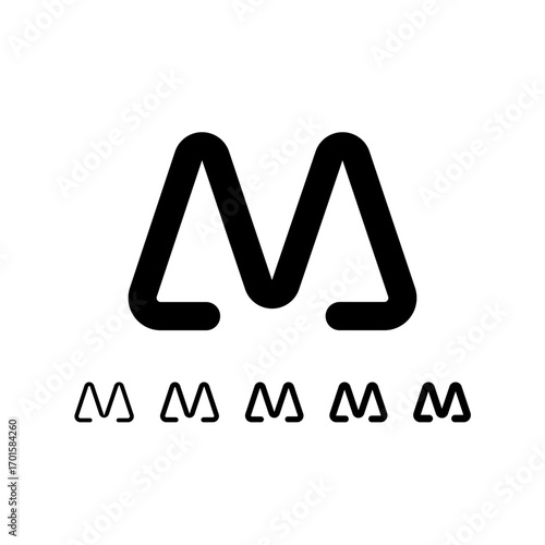 Technical letter M, digital cyber alphabet font, including set of five different thicknesses of the trendy modern letter (light, regular, medium, bold, thick), vector illustration 10EPS