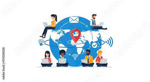 Global team collaboration, remote workers connected via internet.