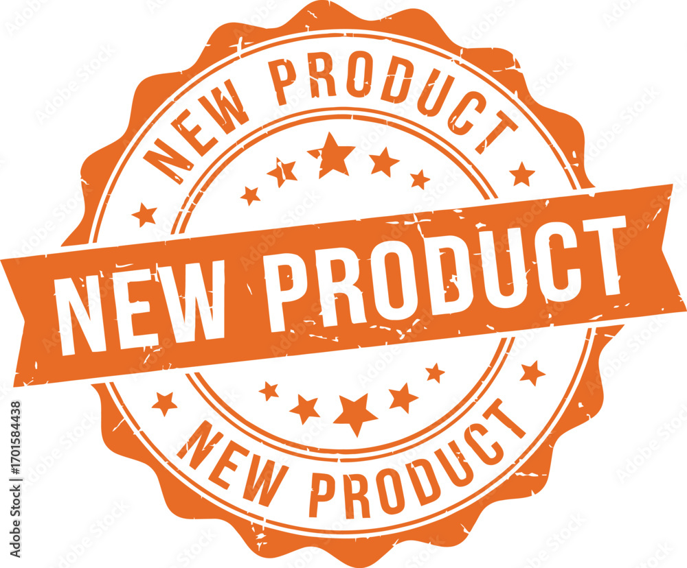 Obraz premium Round Orange Stamp with 'New Product' Text and Star Icons Grunge Texture Style