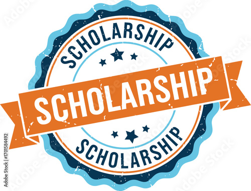 Round Scholarship Seal with Stars, Orange Ribbon, Blue Edges, and White Background