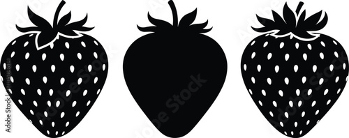 Vector silhouette of three strawberries with seeds and leaves, fresh fruit illustration, healthy organic food icon, sweet berry design in black and white