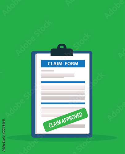 Clipboard claim form approved. Online claim form. Vector illustration