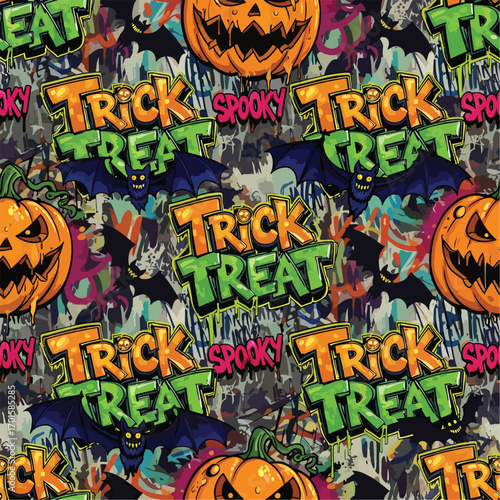 Halloween seamless pattern with pumpkins, bats, and trick or treat graffiti art, seamless pattern, royalty stock.