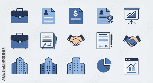 Business themed elements representing contracts, deals, and company buildings arranged on a light background showcase corporate concepts, conveying professionalism and success.