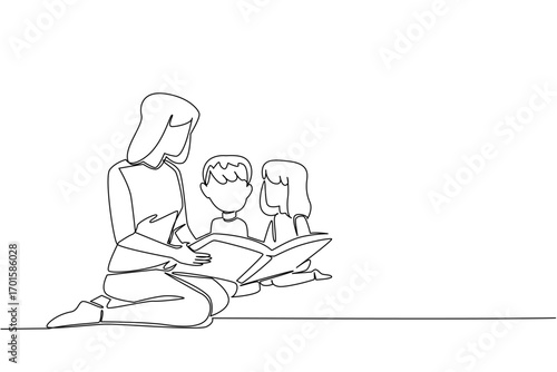 Continuous one line drawing a female babysitter sits on the floor reading book to a boy and a girl. The nanny doing her job wisely. National Babysitter Day. Single line draw design vector illustration