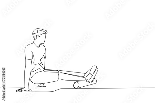 Single one line drawing a man exercising using a foam roller. Handling of minor injuries. Highly competent medical team. Gym. National Foam Rolling Day. Continuous line design graphic illustration