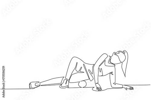 Single continuous line drawing a woman exercising using a foam roller. Demonstrate movements to relax the thigh muscles. Trainer. Gym. National Foam Rolling Day. One line design vector illustration