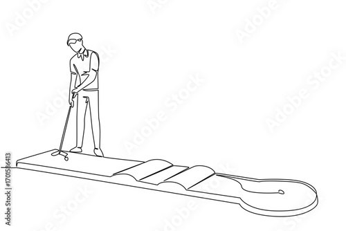 Single continuous line drawing a boy wants to hit the ball on a mini golf course. Spending time exercising on the weekend. Keep fit. Sport. National Mini Golf Day. One line design vector illustration