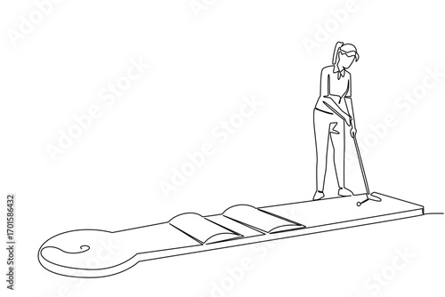 Continuous one line drawing a woman wants to hit the ball on a mini golf course. Light training before joining the championship. National Mini Golf Day. Single line draw design vector illustration