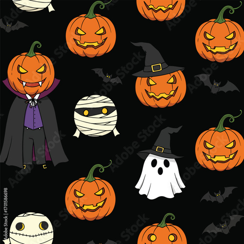 Halloween pattern with pumpkins, bats, ghosts, and mummies on black background, patern seamless, Stock royalty.