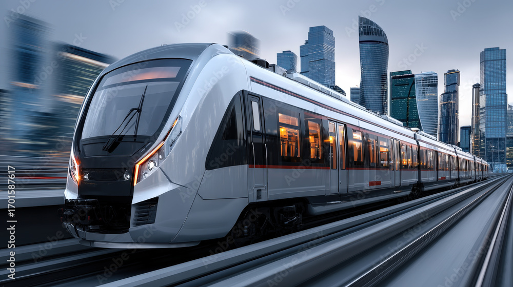 Naklejka premium Modern commuter train crossing elevated city bridge with skyscrapers in daylight
