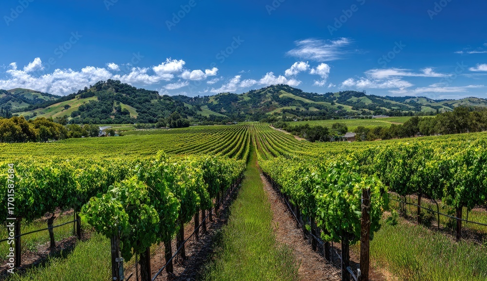 Naklejka premium Panoramic vineyard stretching to hills under a vibrant blue sky