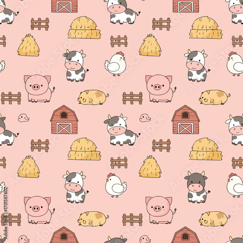 Adorable farm animals pattern illustration with cows, pigs, chickens, and hay bales on a pink background, seamless pattern, Stock royalty.