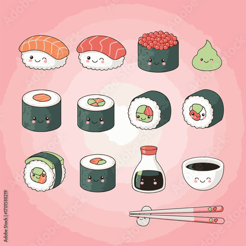 Adorable cartoon sushi illustration with wasabi, soy sauce, and chopsticks on a pink background., seamless pattern, royalty stock.