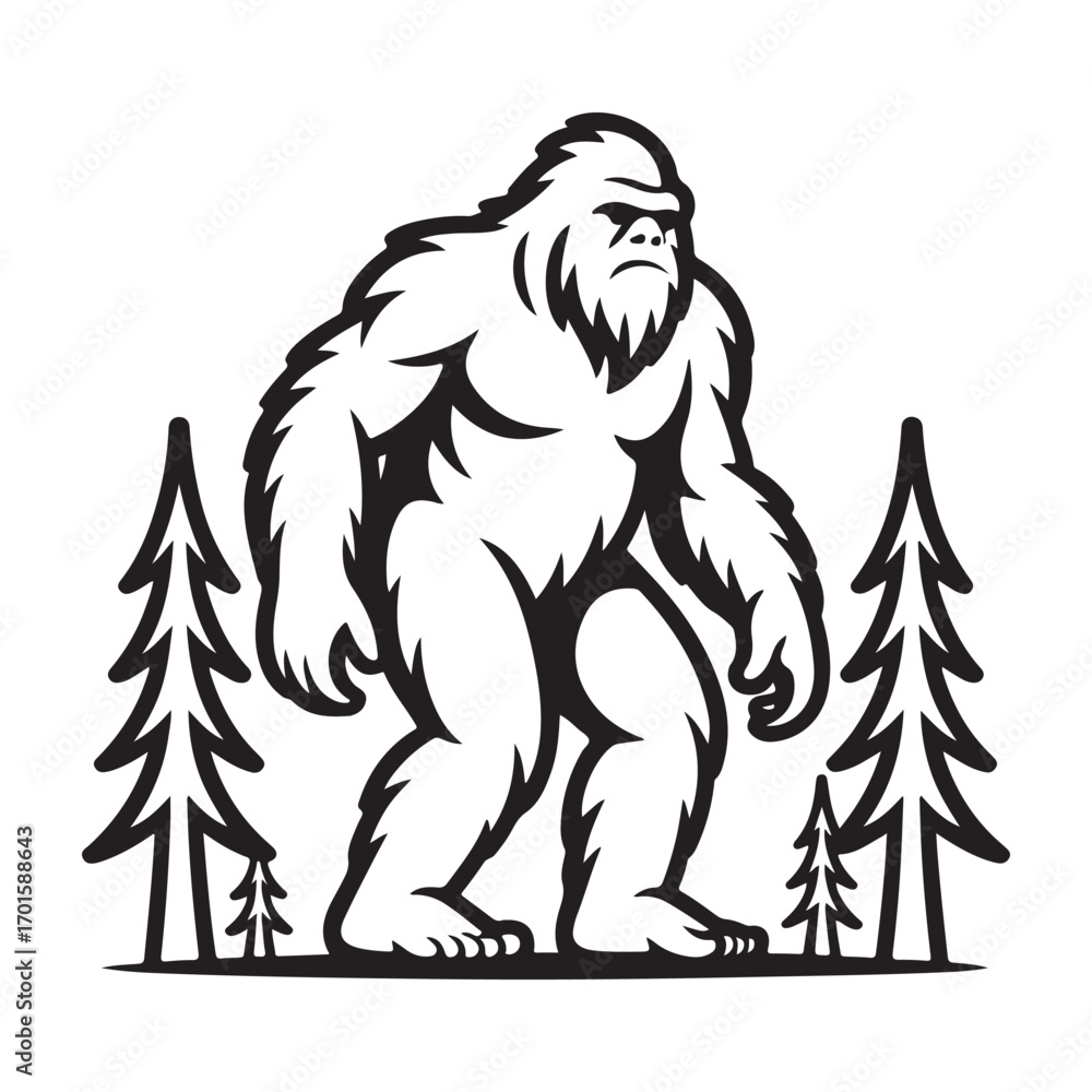 Fototapeta premium Mysterious bigfoot creature standing tall and imposing in a dark forest silhouette