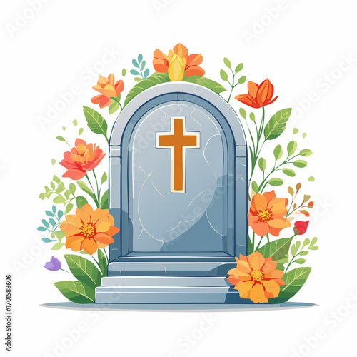 Memorial stone adorned with vibrant flowers, a symbol of remembrance and eternal peace