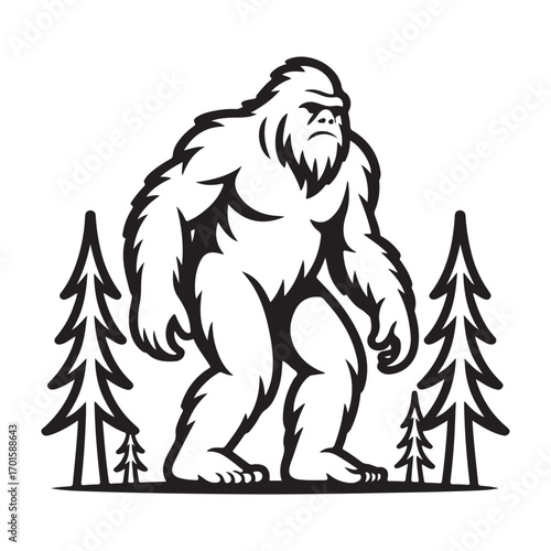 Mysterious bigfoot creature standing tall and imposing in a dark forest silhouette