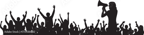 Silhouette of a woman using a megaphone addressing a cheering crowd. Perfect for protest, rally, or announcement concepts.
