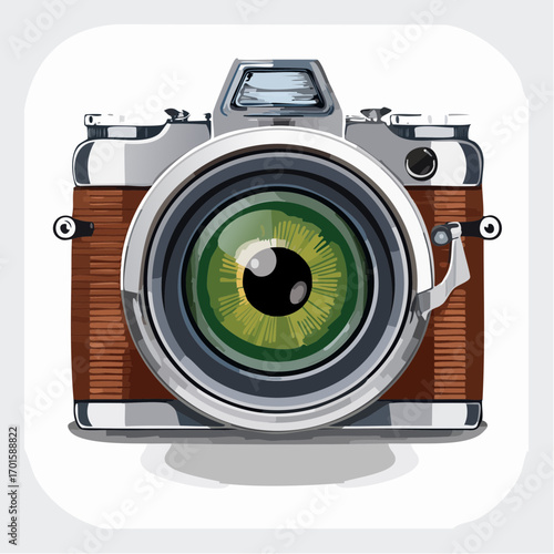 Vintage camera with a vibrant green eye lens, capturing moments with timeless style and elegance.