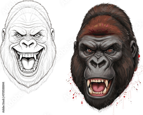Angry gorilla face illustration with roaring expression, wild ape head vector art, aggressive primate drawing, detailed animal mascot designAngry 