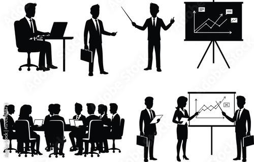 Business meeting and corporate presentation vector illustration of teamwork, office discussion, strategy planning, and professional people working togetherBusiness meeting a