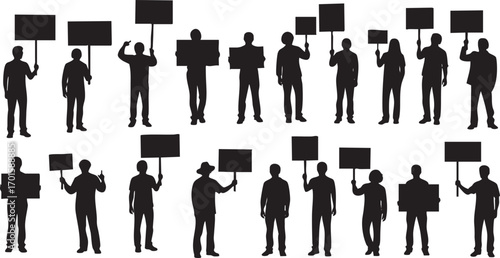 Silhouette collection of diverse people holding blank signs, ideal for protest, demonstration, or activism graphics.