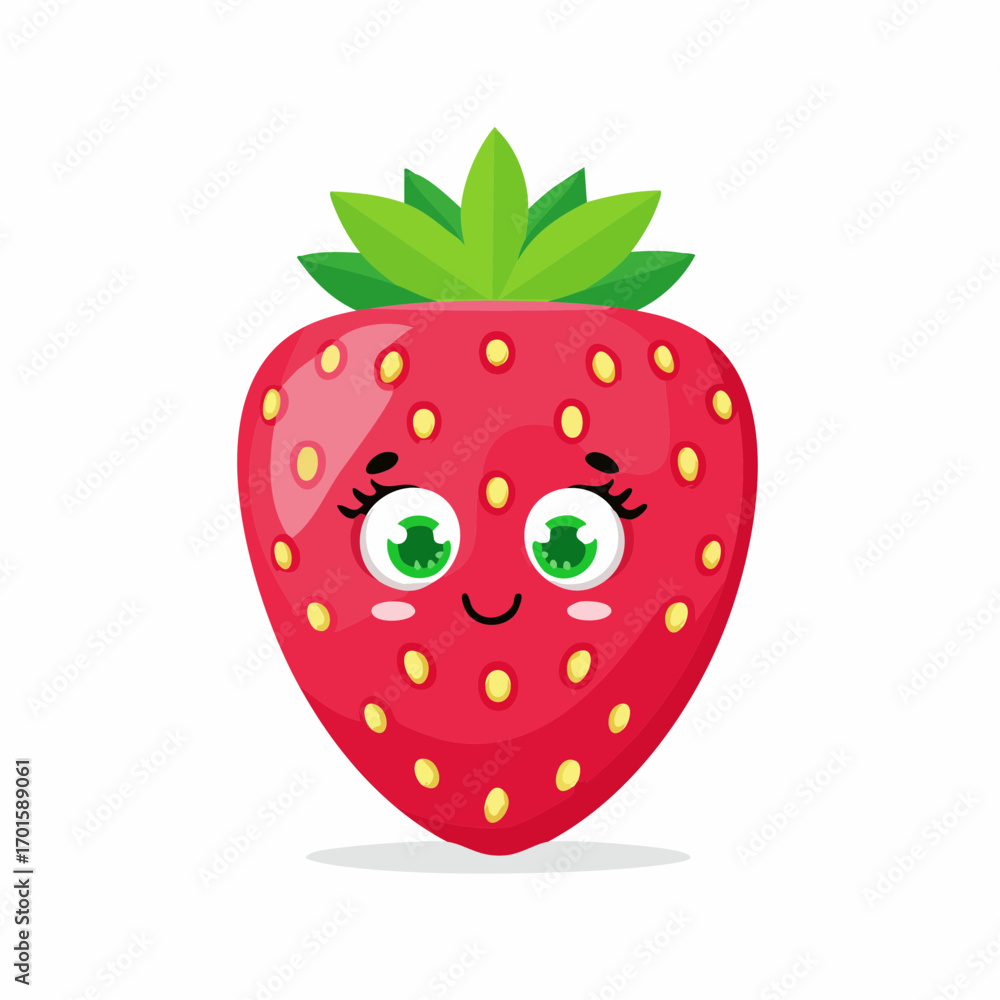 Obraz premium Happy cartoon strawberry character with adorable eyes and smile perfect for children's designs