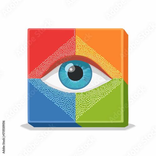 Vibrant eye symbol representing vision, insight, and perspective in a colorful geometric design