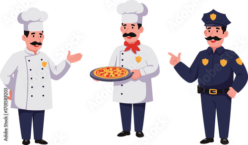 Cartoon chefs and policeman character illustration with pizza, professional occupation people vector design for restaurant, food service, law enforcement conceptCartoon chefs and
