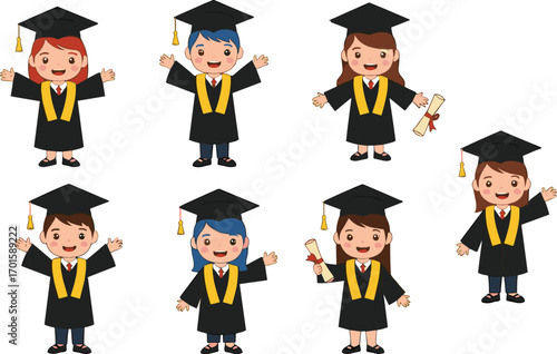 Cartoon children in graduation gowns and caps celebrating success, holding diplomas, smiling happy students, education achievement vector illustration isolated designCartoon children in 