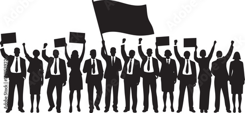 Silhouette of business people protesting, holding signs and a banner. Ideal for concepts of unity, demonstration, or corporate action.