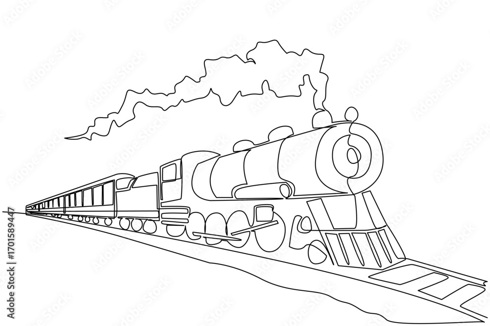 Obraz premium Single continuous line drawing locomotive with its smoke. The result of burning fossil fuels. Classic train passing by. Chimney. Air pollution. National Train Day. One line design vector illustration