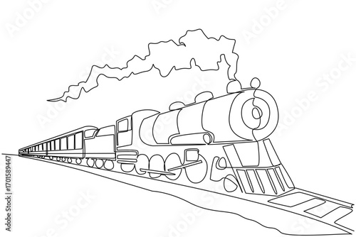 Single continuous line drawing locomotive with its smoke. The result of burning fossil fuels. Classic train passing by. Chimney. Air pollution. National Train Day. One line design vector illustration