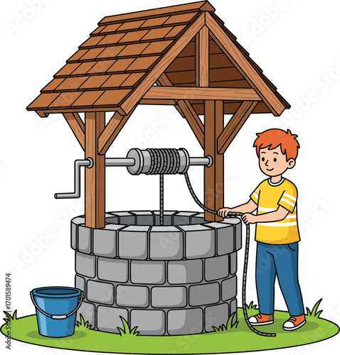 Cartoon illustration of boy drawing water from stone well with wooden roof, rope, crank handle, and blue bucket outdoorsCartoon illustration of boy drawing water from stone well with w